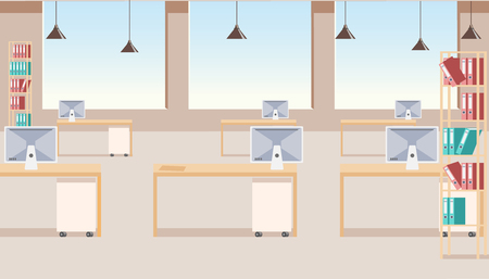 Flat Vector Modern Office Space Interior with Large Windows, Computer Monitors on Desks and Paper Binders on Racks Illustration. Business Company Work Places, Innovative School or University Audienceのイラスト素材