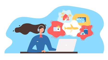 Touristic Service Flat Vector Illustration with Travel Company Manager, Airline Call Canter Manager Wearing Headset, Using Laptop, Consulting Clients on Phone or Online. Choosing Vacation Tour Conceptのイラスト素材