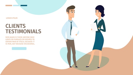 Clients Testimonials Cartoon Vector Horizontal Web Banner Or Landing Page with Company Female Manager Receiving Happy Buyer Positive Review, Conducting Survey about Customer Experience Illustrationのイラスト素材