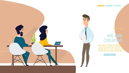 Creative Business Team Cartoon Vector Web Banner with Company Employees, Young Entrepreneurs Working Together, Conducting Meeting in Office Illustration. Educational Courses Landing Page Templateのイラスト素材