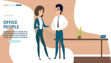 Business People Cartoon Vector Horizontal Banner with Smiling Businessman And Businesswoman, Clerks, Company Employee Characters Talking, Discussing Plans Illustration. HR Agency Landing Page Templateのイラスト素材