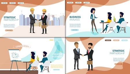 Business Strategic Partnership, Creative Teamwork and Financial Investments Analysis Flat Web Banners or Landing Pages Set with Business People Working Together in Office, Happy Partners Shaking Handsのイラスト素材