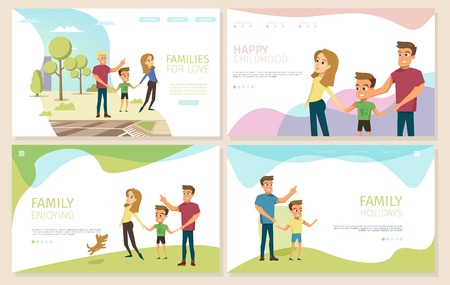Happy Childhood, Family Holiday, Responsible Parenthood Flat Vector Web Banners Set with Father and Mother Walking with Son Illustration. Parents and Kids Psychological Help Landing Pages Collectionのイラスト素材
