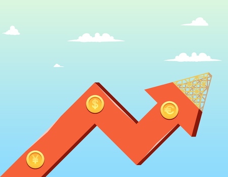 Vector Illustration Cartoon Growth Company Economy. Image growth Graph Construction Company Economy against Background Blue Sky with Clouds. Gold Coins on Arrow with Signs Euro, Dolar, Yenのイラスト素材