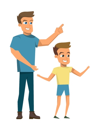 Vector Illustration Cartoon Happy Family Concept. Image Young Smiling Father Holding his Son by Hand. Isolated on White Background. Cheerful Smiling Laughing Father and Son Walking Togetherのイラスト素材