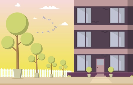 Vector Illustration Courtyard Residential Building. Cartoon image Part a New House Located with Park area Against Sky with Birds at Sunset. Park with Trees around Residential Building.のイラスト素材
