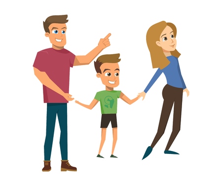 Vector Illustration Cartoon Happy Family. Father holding his Son Hand points his Hand side. Father and Mother hold little Son Hands. Family Isolated on White Background. Father, Mother, Son Togetherのイラスト素材