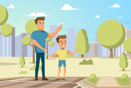 Vector Illustration Cartoon Little Boy and Mab. Image Happy Family. Father with her Son Walking in Park on Background City. Concept Outdoor Recreation. Young Man holds baby by Handのイラスト素材
