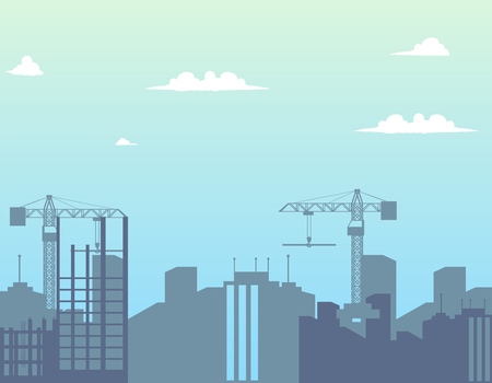 Concept Modern City Construction Buildings. Vector Illustration Cartoon Panorama Construction a new District the City. Cranes. Building Construction Concept. New residential area Projectのイラスト素材