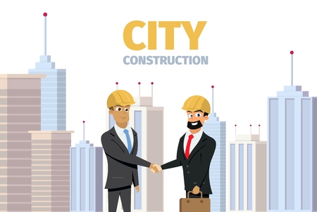 Vector Concept Modern City Construction Building. Vector Illustration Cartoon Men shaking hands City Background Isolated White Background. Two Men in Construction suits.のイラスト素材