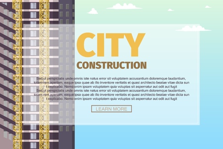 Vector Concept Modern City Construction Building. Banner Vector Illustration Cartoon Facade new Residential Building against Blue Sky. Residential real estate in center Metropolis.のイラスト素材