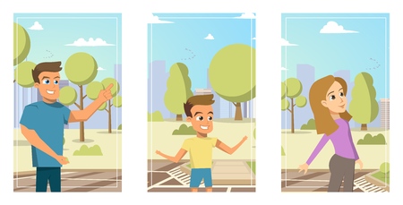 Illustration Cartoon Set Portraits Family members. Vector image Set Portraits Happy Smiling Family Isolated on White Background. Father, Son, Mom on Background City Park with Treesのイラスト素材