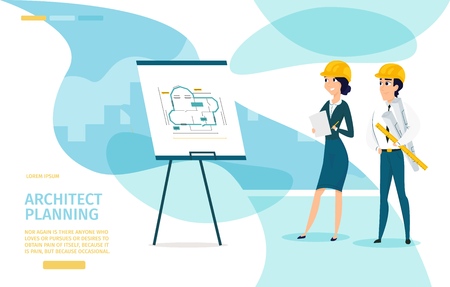 Modern Architecture Bureau, Construction Company Cartoon Vector Web Banner, Website Design Template with Young Architects, Engineers Wearing Safety Helmets, Watching on Drawings, Planning New Projectのイラスト素材