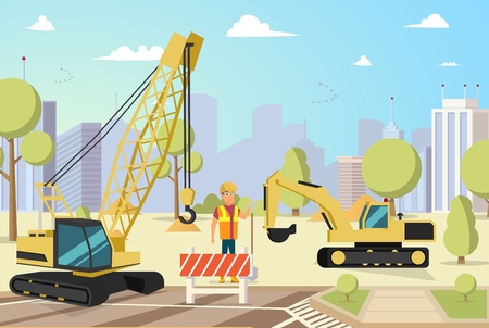 Vector Concept Modern City Construction Building. Vector Illustration Cartoon Builder correcting work Construction Crane. Construction Equipment prepares Building site.のイラスト素材