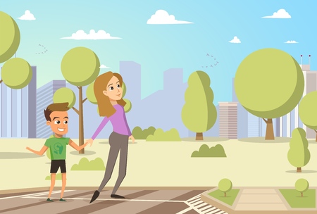 Vector Illustration Cartoon Little Boy and Woman. Image Happy Family. Mom with her Son Walking in Park on Background City. Concept Outdoor Recreation. Young Woman holds baby by Handのイラスト素材