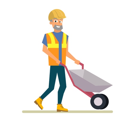 Vector Concept Modern City Construction Buildings. Vector Illustration Cartoon Construction Worker in Uniform with Trolley Isolated on White Background. Happy Smiling Builder in course his Workのイラスト素材
