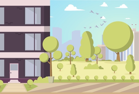 Vector Illustration Cartoon Building in Park Area. Image part a new House Located with Park area. Park with Trees around Building. House on Background Trees and Panorama Metropolisのイラスト素材