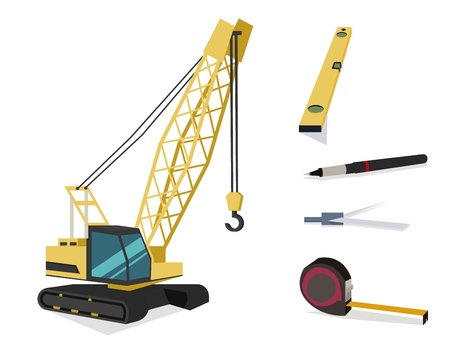 Vector Concept Modern City Construction Buildings. Vector Illustration Cartoon Construction Crane and Working Tools Worker. Isolated White Background. Equipment for Construction Commercial real Estateのイラスト素材