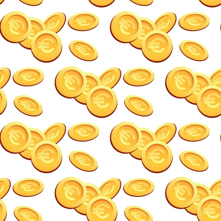 Vector image Pattern Many Gold Coins Euro Sign. Set Vector Illustration Cartoon Seamless Set Gold Coins with Euro Sign Isolated White Background. Concept Financial growth Company, City.のイラスト素材