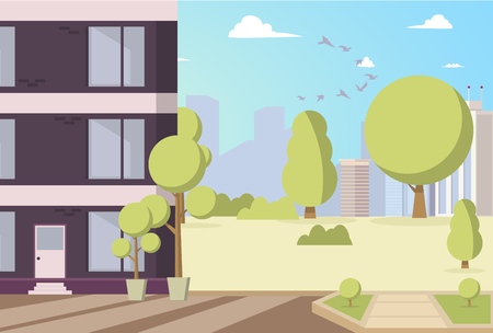 Vector Illustration Cartoon Building in Park Area. Image part a new House Located with Park area. Park with Trees around Building. House on Background Trees and Panorama Metropolisのイラスト素材