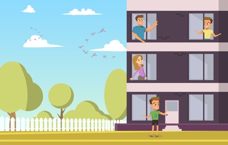 Vector Illustration Cartoon Apartment For Sale. Image of Happy Young Family Choosing an Apartment for Purchase. Concept Acquisition New Housing. Man, Woman, Boy Look out Window.のイラスト素材