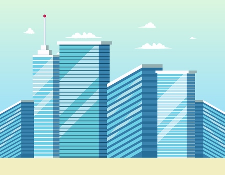 Concept Modern City Construction Buildings. Vector Illustration Cartoon Panorama Cityscape Modern Smart City. Skyscrapers against Blue Sky with Clouds. Commercial real estate Modern Metropolisのイラスト素材