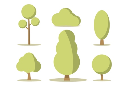 Vector Illustration Cartoon Set Green Trees. Group Green Trees Isolated on White Background. Concept Nature. Natural Vegetation different Shape and heights. From Small to Large.のイラスト素材