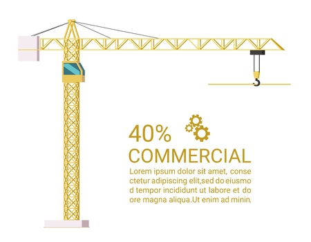 Vector Concept Modern City Construction Buildings. Banner Vector Illustration Cartoon Building Crane raises iron Beam for Construction 40% cityâs Commercial real Estate. Isolated on White Backgroundのイラスト素材