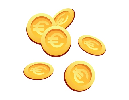 Vector Illustration Set Many Gold Coins Euro Sign. Set Vector IImage Cartoon Set Gold Coins with Euro Sign Isolated White Background. Concept Financial growth Company, City.のイラスト素材