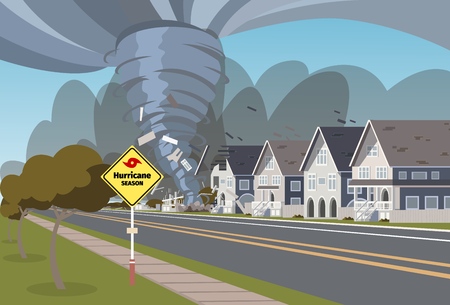 Vector illustration of a destructive hurricane. Vector illustration of a cartoon hurricane destroying a residential buildings on its way. The concept of climate threat to the populationのイラスト素材