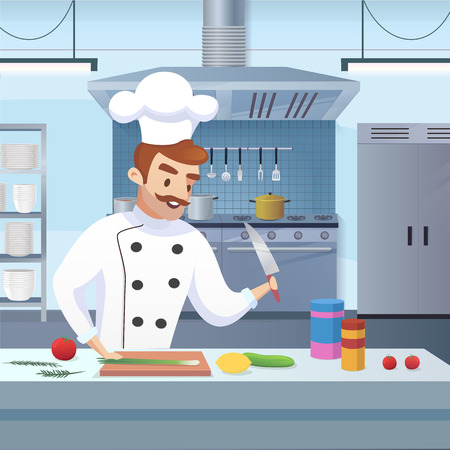 Culinary Concept Illustration Restaurant Business. Vector Illustration Cartoon chef in process preparing a restaurant menu for visitor. Workspace chef. Restaurant kitchen space.のイラスト素材