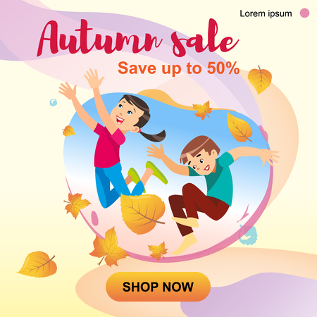 Children playing in the park throwing up leaves. Cartoon banner vector illustration isolated on background. The concept of outdoor recreation for children the park.のイラスト素材