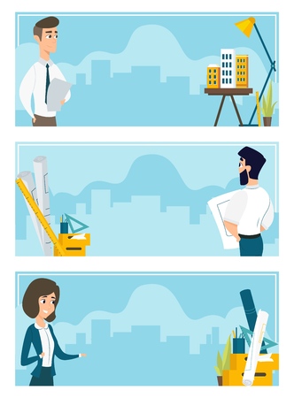 Set of illustrations of architects at work. Banner vector illustration of working cartoon characters on the background of the city. The concept of construction, architecture, designのイラスト素材