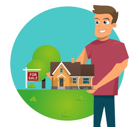 Vector Illustration Cartoon Concept For Sale House. Image Townhouse in Home For Sale Concept. Smiling Man is Holding Mockup Townhouse against Blue Sky with Grass. Isolated on White Backgroundのイラスト素材