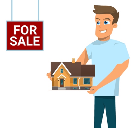 Vector Illustration Cartoon Concept For Sale House. Image Townhouse in Home For Sale Concept. Smiling Man in Blue Tshirt is Holding Mockup Townhouse. Isolated on White Background.のイラスト素材