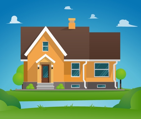 Vector Illustration Cartoon Residential Townhouse. Image Townhouse Background blue sky. Concept Life Outside Metropolis. Small Wooden House for Outdoor Living. Lake in Front Houseのイラスト素材