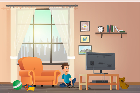 Vector Cartoon Illustration Concept Happy Children. Image Smiling Little Boy Playing Set top Box on Big TV. Sitting Floor Room near Orange Chair against Window with Silhouette City.のイラスト素材