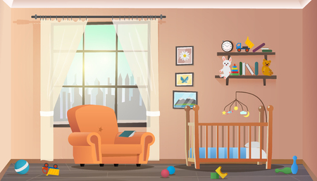 Vector Illustration Concept Children Room Interior. Cartoon Image Child Room with Furniture for Newborn Baby. Orange Chair for Parents near Window with City Silhouette. Toy Scattered Floorのイラスト素材