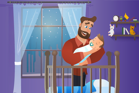 Vector Cartoon Illustration Concept Happy Father. Image Young Bearded Man Holding Newborn Baby. Happiness Cute Baby in Father Hand. Father Puts Baby to Sleep at Night. In Interior Children Roomのイラスト素材
