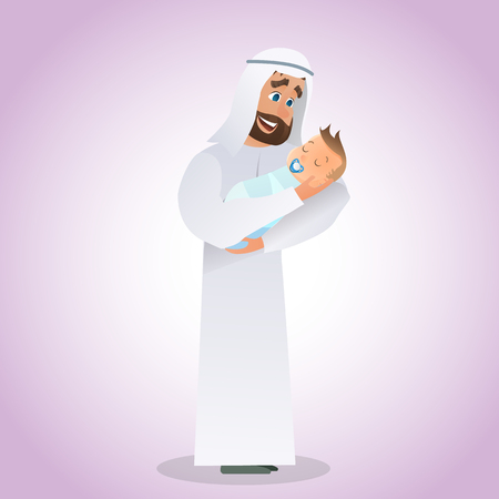 Vector Cartoon Illustration Concept Happy Father. Image Young Arab Man Holding Newborn Baby. Happiness Cute Baby in Father Hand. Father Puts Baby to Sleep. Isolated on Pink Backgroundのイラスト素材
