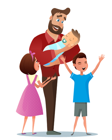 Vector Cartoon Illustration Concept Happy Family. Image Young Father Holding Newborn Baby in his Hand. Surrounded by Son and Daughter. Happy Brother and Sister. Isolated On White Backgroundのイラスト素材