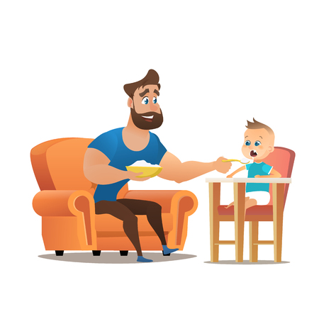 Vector Cartoon Illustration Concept Happy Father. Image Young Smiling Father Sitting in Chair, Feeding with Spoon a Little Son Sitting in Children Chair, Semolina. Isolated on White Backgroundのイラスト素材