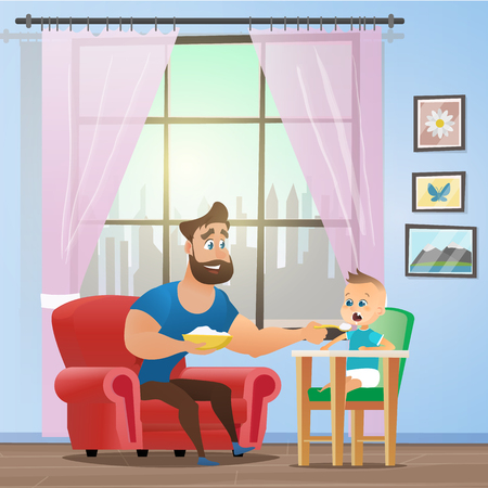 Vector Cartoon Illustration Concept Happy Father. Image Young Smiling Father Sitting in Red Chair, Feeding with Spoon a Little Son Sitting in Children Chair, Semolina. In Interior Home Roomのイラスト素材