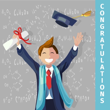 Vector Concept Illustration Cartoon Happy Students. Smiling Young Guy Congratulations his Classmates with Graduation. Throwing an Academic Hat Up, Holding Diploma in his Hand. Background Chalkboardのイラスト素材