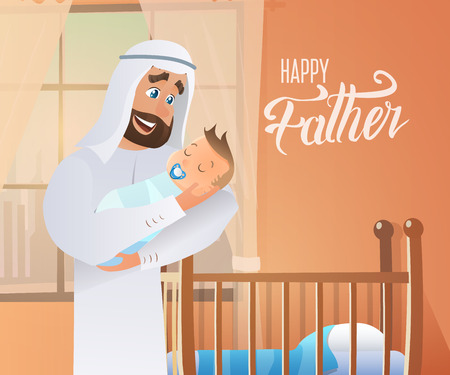 Vector Cartoon Illustration Concept Happy Father. Image Young Arab Man Holding Newborn Baby. Happiness Cute Baby in Father Hand. Father Puts Baby to Sleep. In Interior Children Roomのイラスト素材