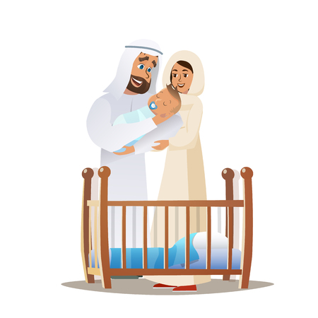 Vector Cartoon Illustration Concept Happy Family. Image Young Arab Family. Smiling Husband and Wife are Holding Sleeping Newborn Baby in Hand. Standing by Wooden Crib. Isolated on White Backgroundのイラスト素材