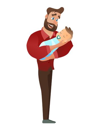 Vector Cartoon Illustration Concept Happy Father. Image Young Bearded Man Holding Newborn Baby. Happiness Cute Baby in Father Hand. Father Puts Baby to Sleep. Isolated on White Backgroundのイラスト素材