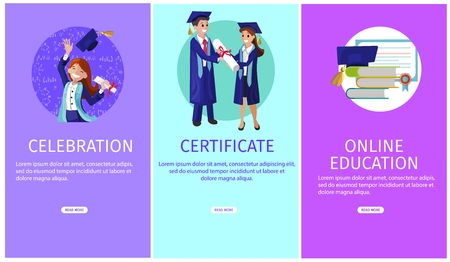 Vector Concept Illustration Cartoon Happy Students. Banner Set vertical Image Topic Celebration, Certificate, Online Education. Textbook and Academic Hat. Guy Gives a Young Girl with Diploma.のイラスト素材