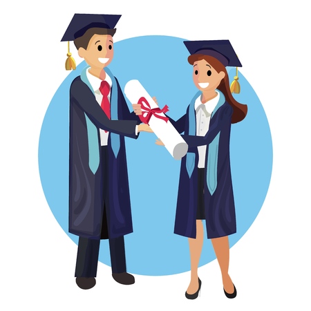Vector Concept Illustration Cartoon Happy Students. Image Smiling Guy Gives a Young Girl with Diploma Graduation from National University. In Blue Circle is Isolated on White Backgroundのイラスト素材