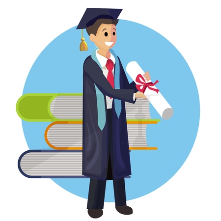 Vector Concept Illustration Cartoon Happy Students. Image Educational Book and Smiling Student Holding Diploma. Young Guy is Graduate University. In Blue Circle is Isolated on White Backgroundのイラスト素材